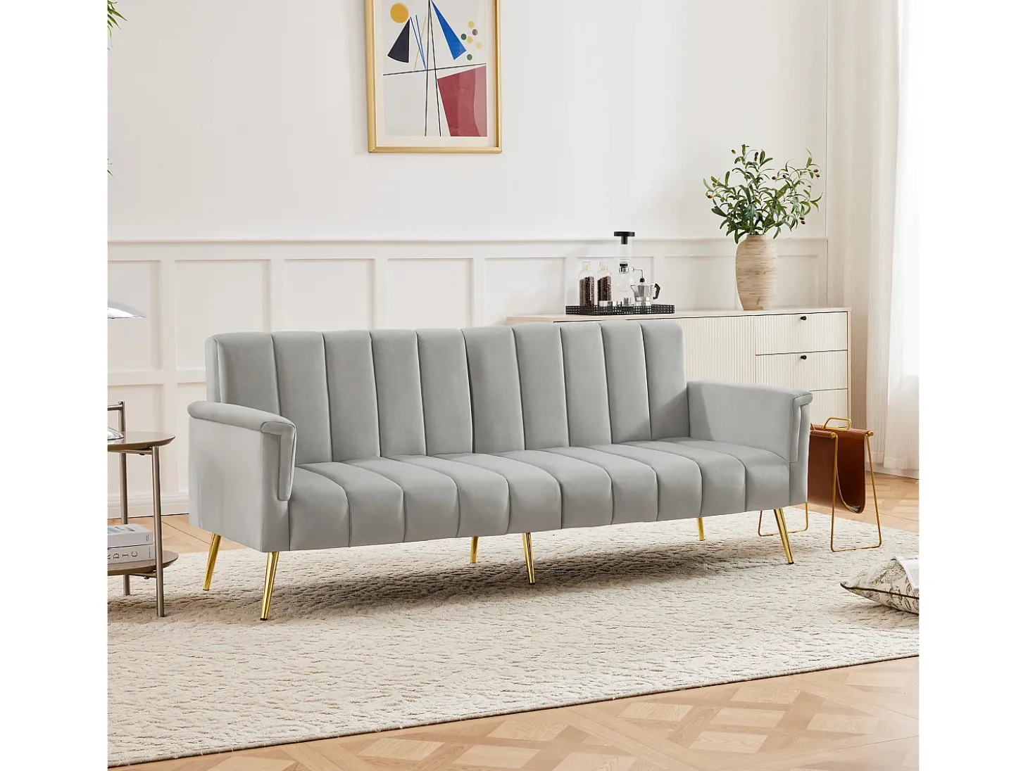 Sofá conversível reto de 2 lugares em veludo cinza claro, encosto e braços dobráveis - 183x76x75cm