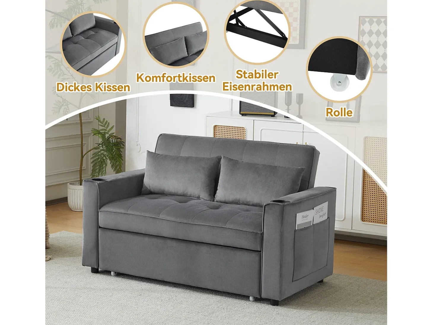 Sofá conversível, Sofá-cama dobrável de veludo - 137 x 76,5 x 86 cm - com função dormir - Cinza