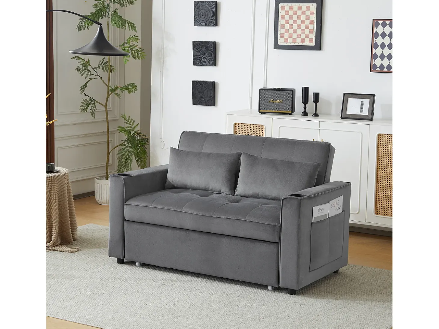 Sofá conversível, Sofá-cama dobrável de veludo - 137 x 76,5 x 86 cm - com função dormir - Cinza