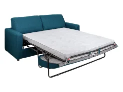 Sofá convertível abertura rápida tecido azul cama 140 cm e colchão 14 cm DONETO