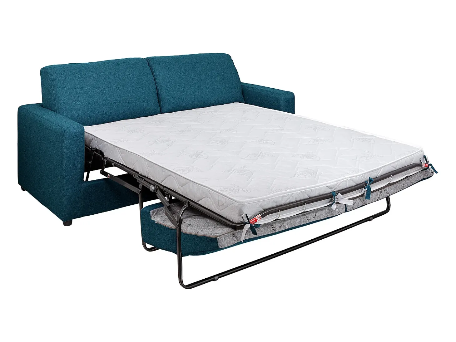 Sofá convertível abertura rápida tecido azul cama 140 cm e colchão 14 cm DONETO
