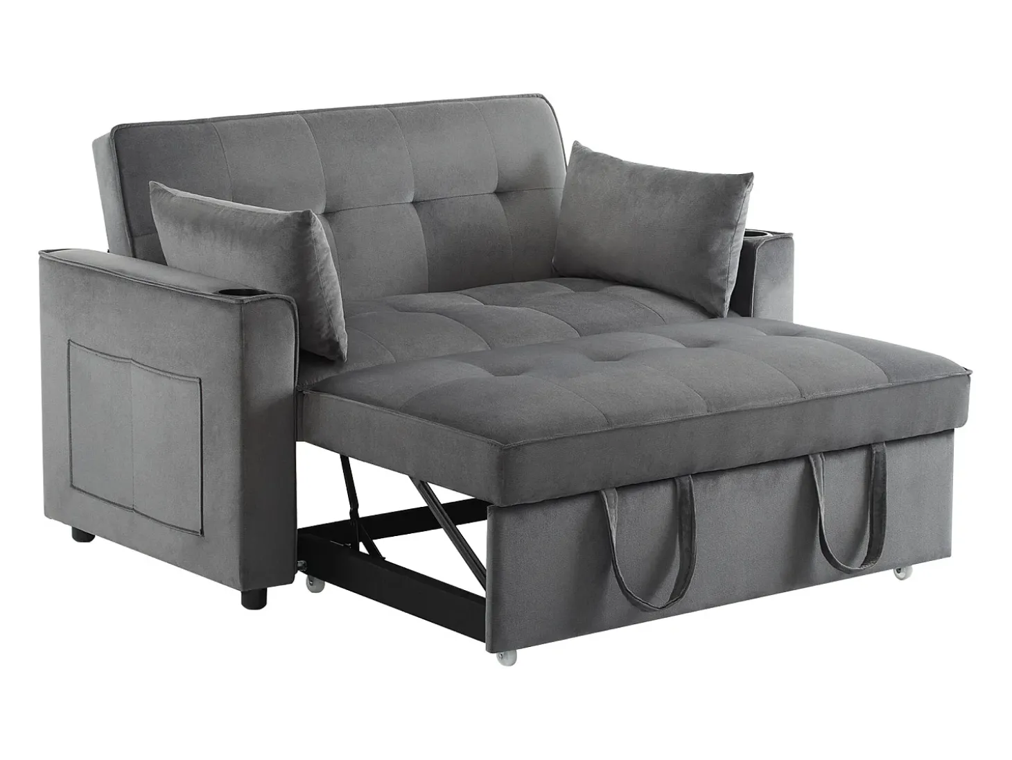 Sofá convertível de 2 lugares com função de cama - Tecido de veludo - Cinza