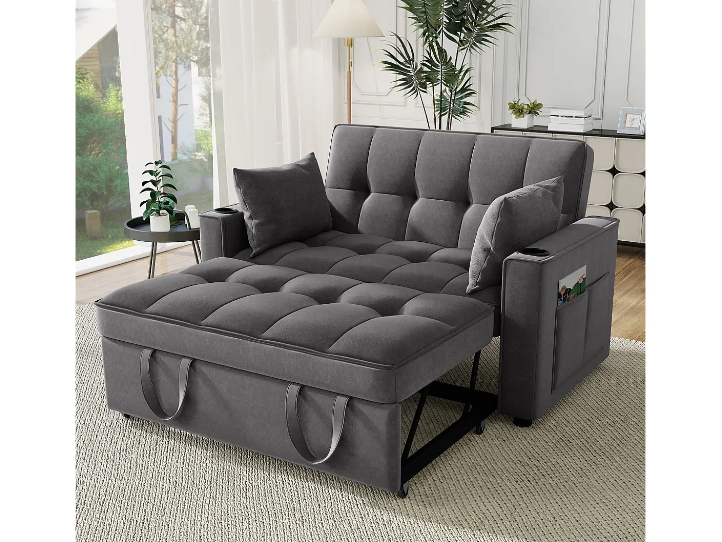 Sofá convertível de 2 lugares com função de cama - Tecido de veludo - Cinza