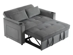 Sofá convertível de 2 lugares com função de cama - Tecido de veludo - Cinza