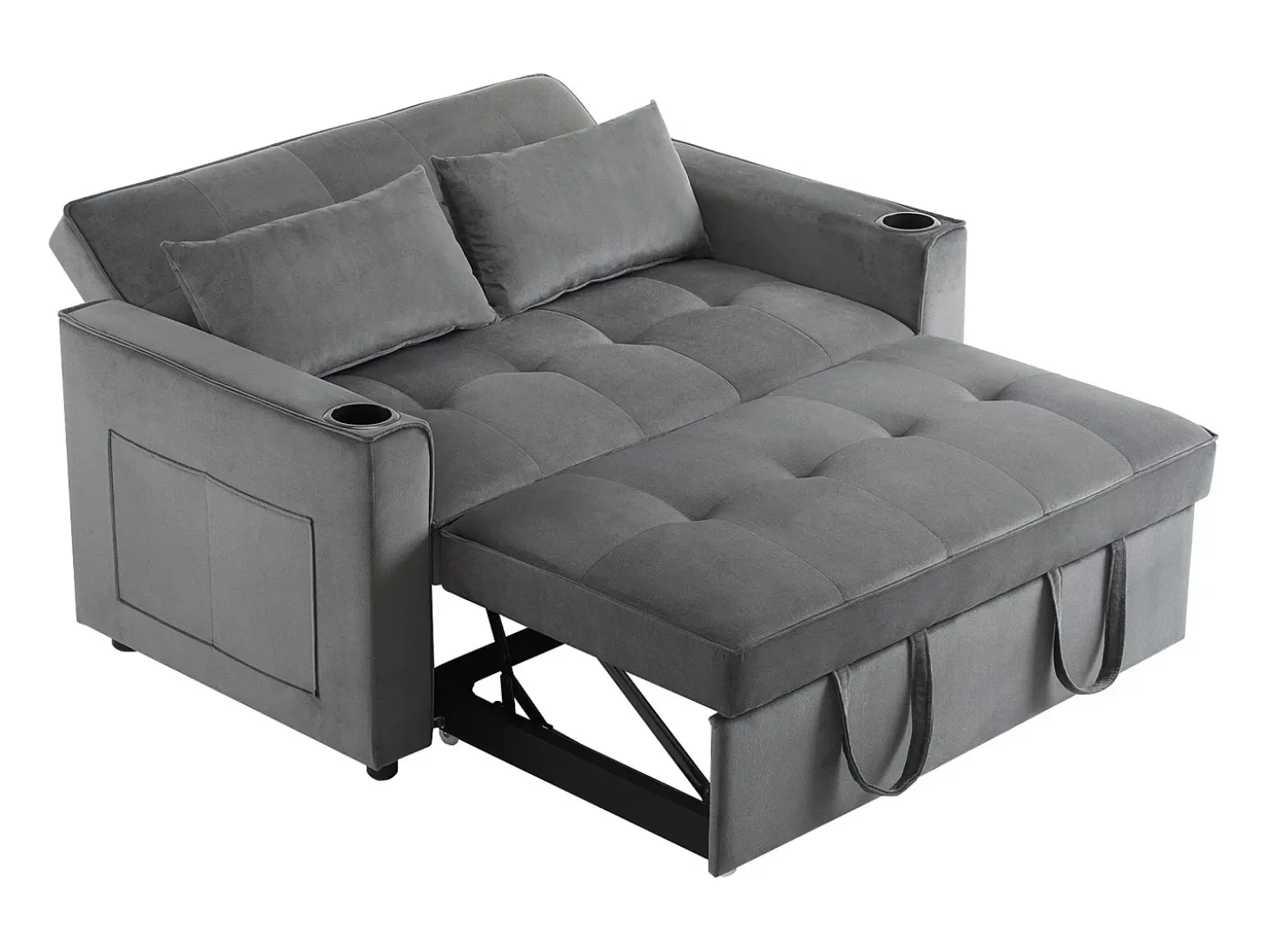 Sofá convertível de 2 lugares com função de cama - Tecido de veludo - Cinza