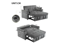 Sofá convertível de 2 lugares com função de cama - Tecido de veludo - Cinza