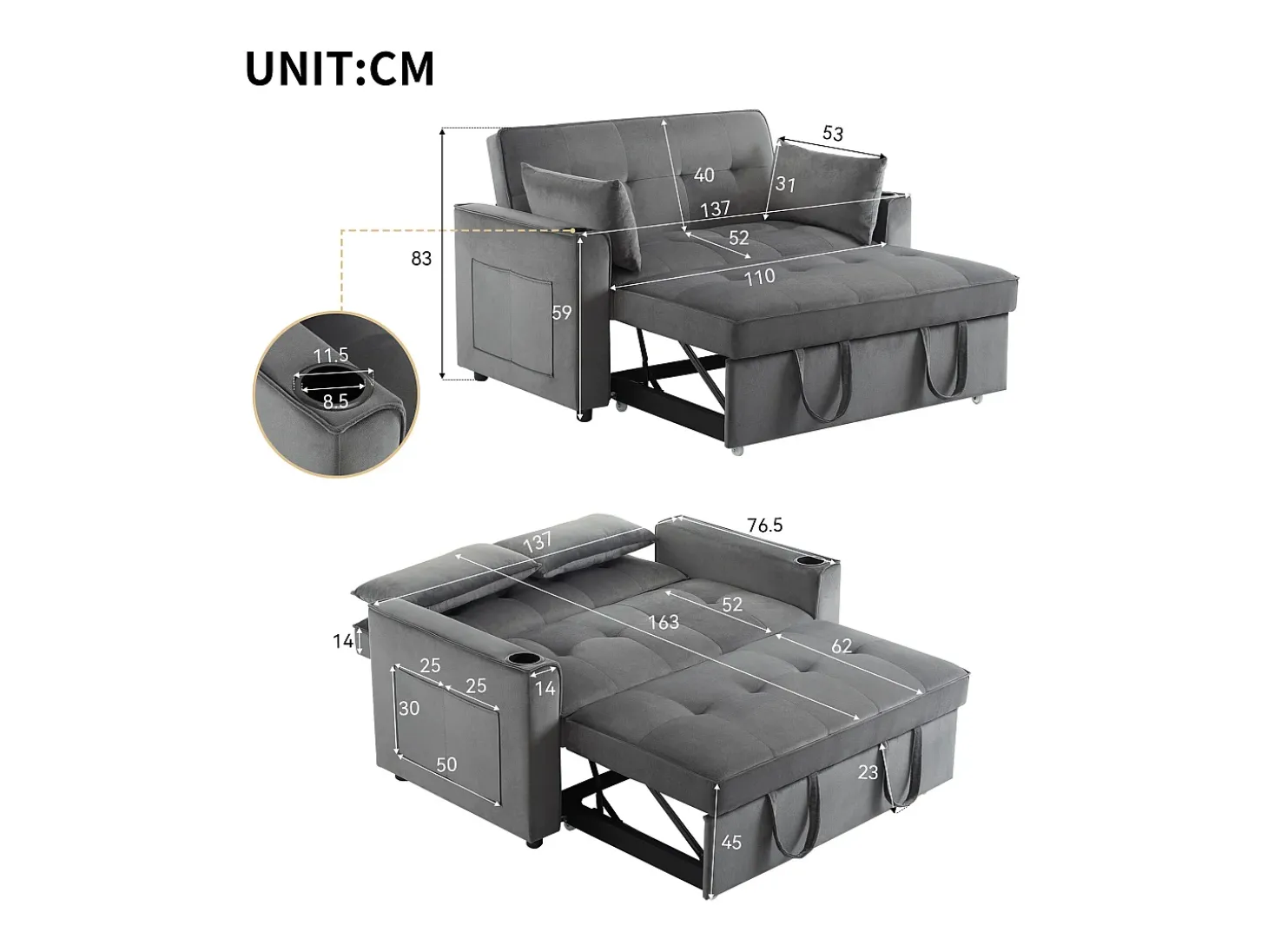Sofá convertível de 2 lugares com função de cama - Tecido de veludo - Cinza