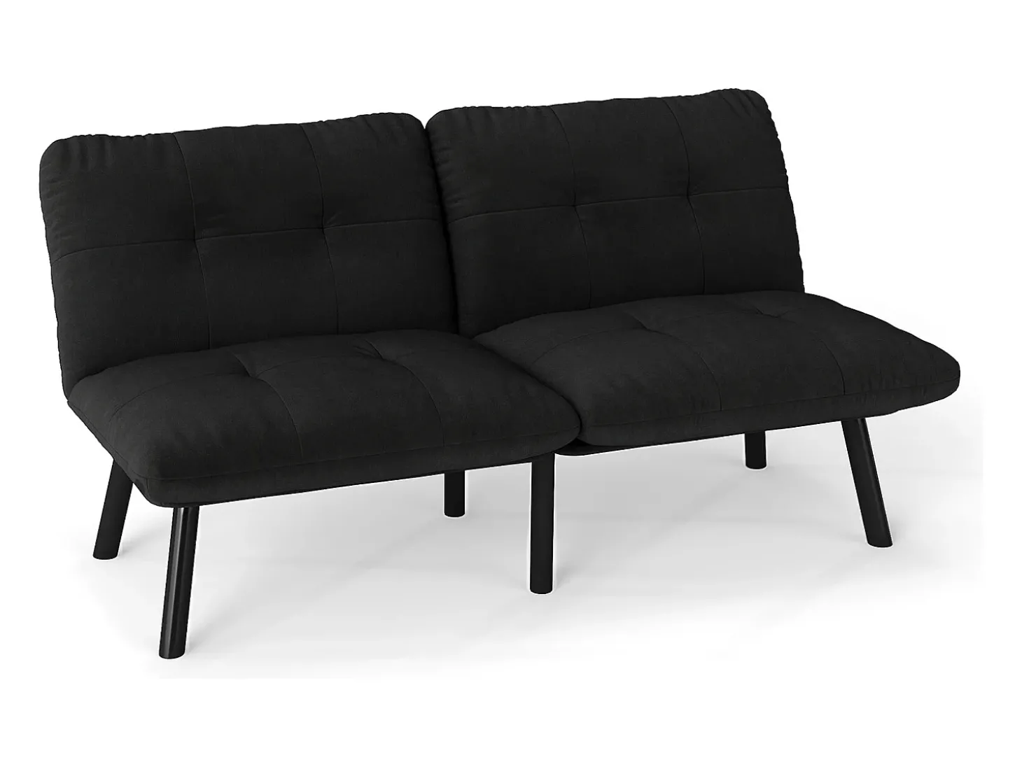 Sofá convertível de 2 lugares em preto, veludo e metal, com pés pretos.