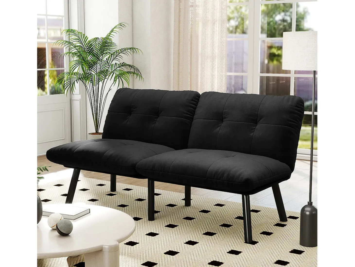 Sofá convertível de 2 lugares em preto, veludo e metal, com pés pretos.