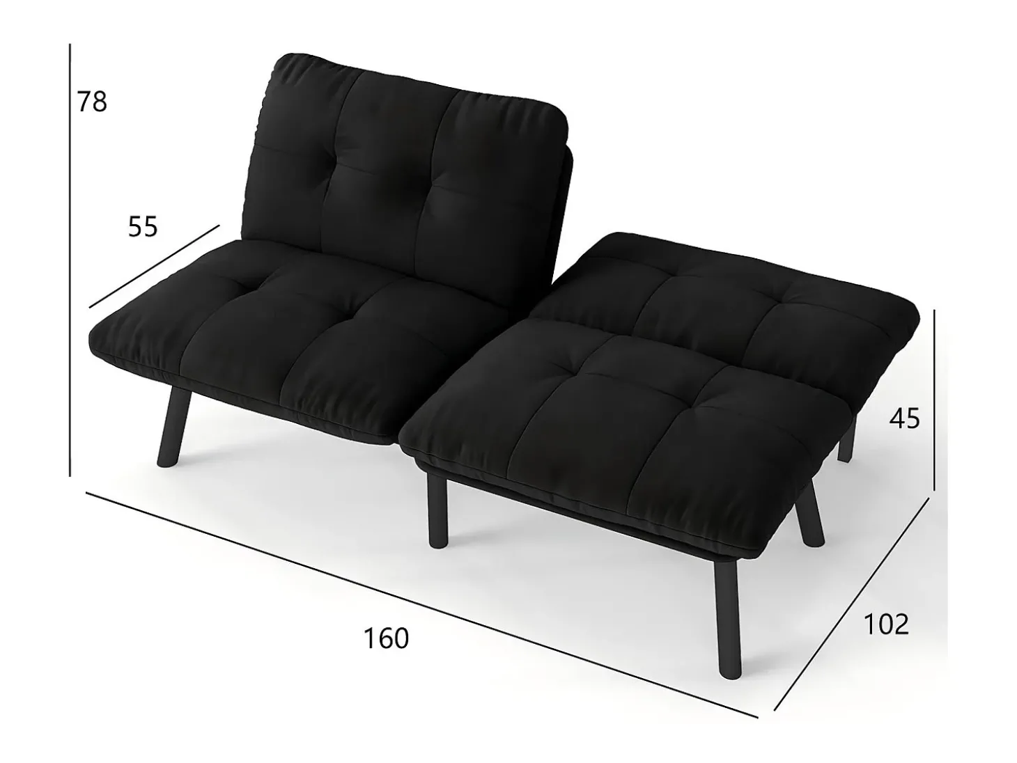 Sofá convertível de 2 lugares em preto, veludo e metal, com pés pretos.