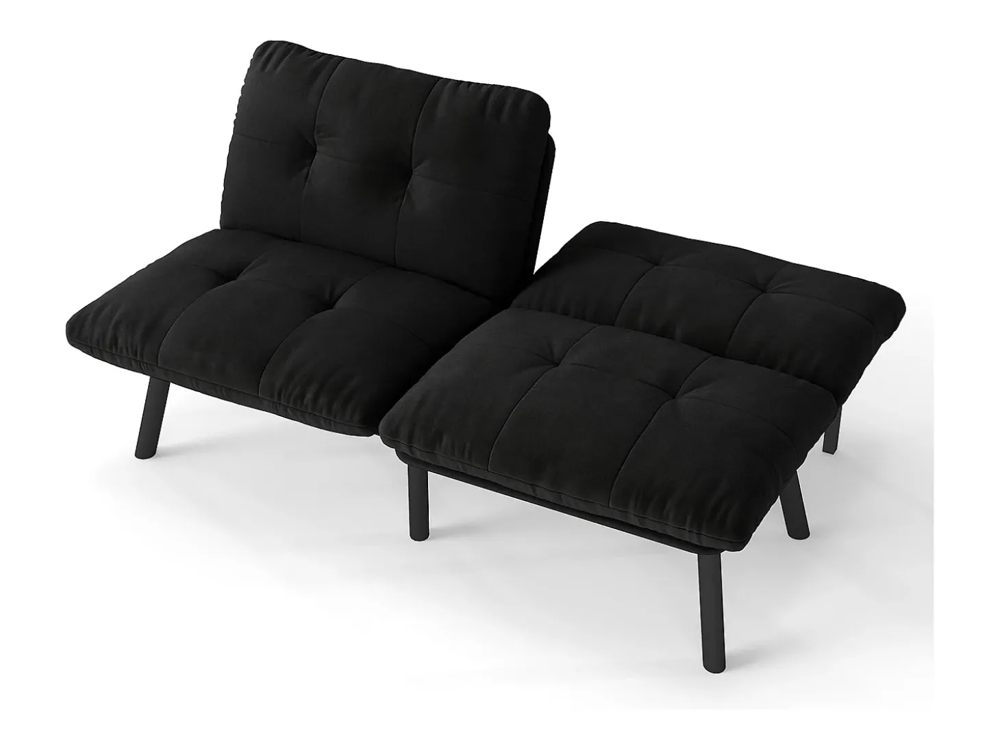 Sofá convertível de 2 lugares em preto, veludo e metal, com pés pretos.