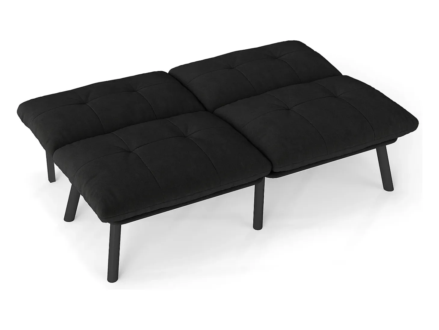 Sofá convertível de 2 lugares em preto, veludo e metal, com pés pretos.