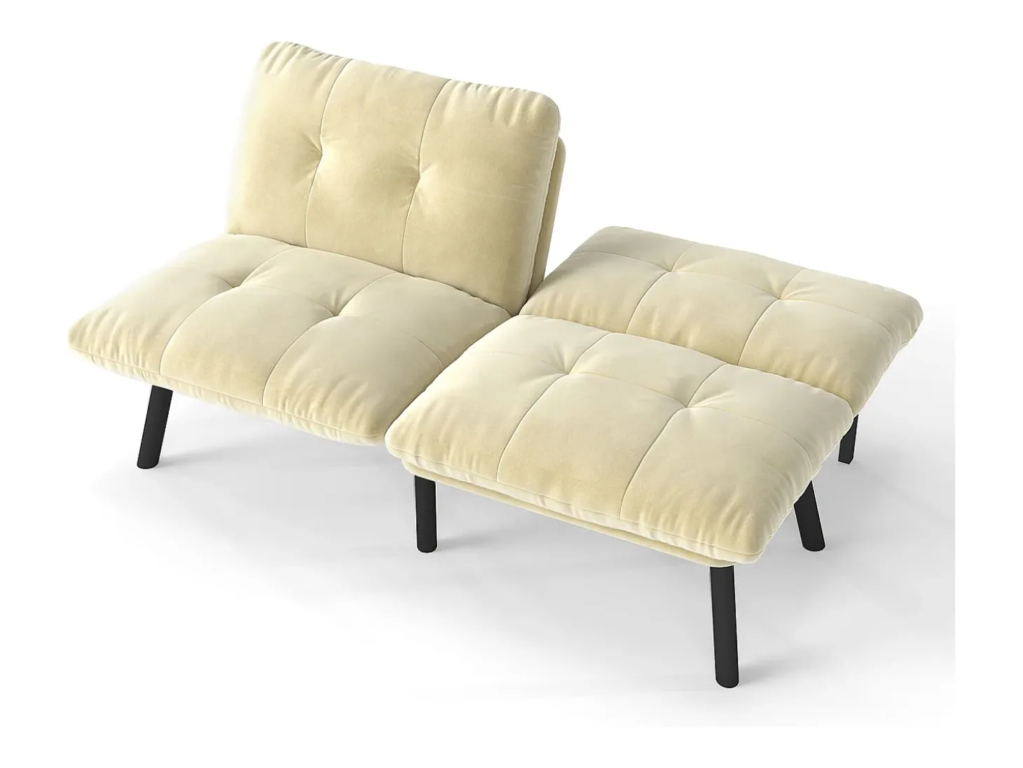Sofá convertível de 2 lugares em creme, veludo e metal, com pés pretos.