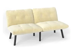 Sofá convertível de 2 lugares em creme, veludo e metal, com pés pretos.