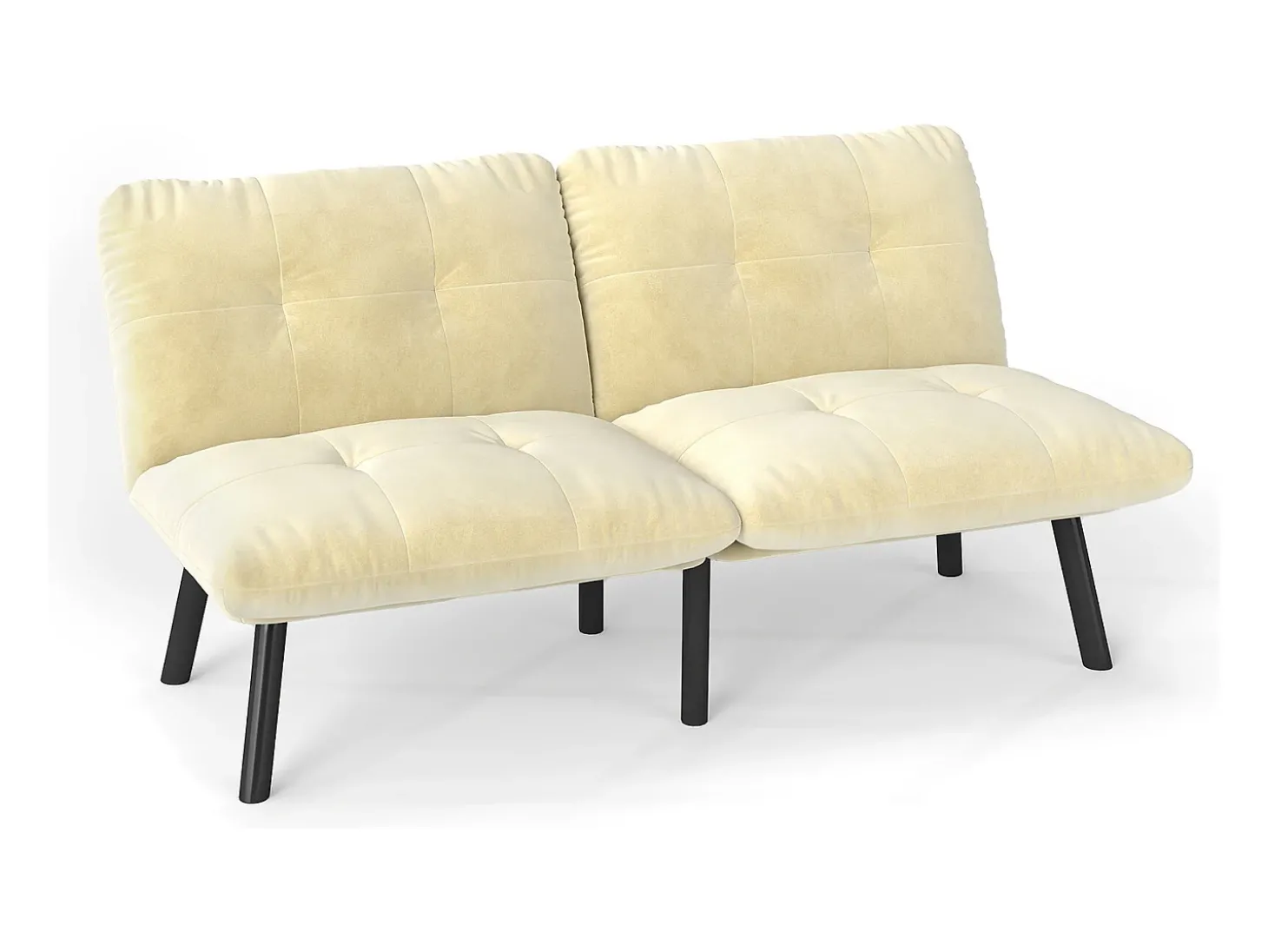 Sofá convertível de 2 lugares em creme, veludo e metal, com pés pretos.