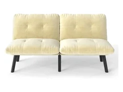Sofá convertível de 2 lugares em creme, veludo e metal, com pés pretos.