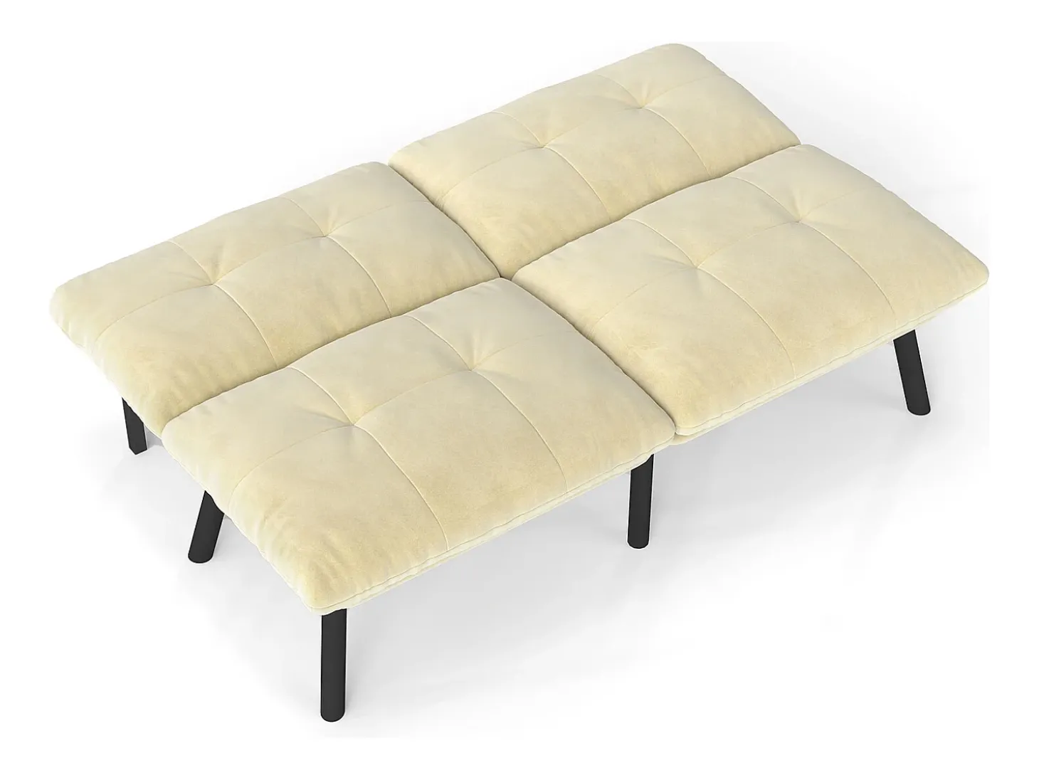 Sofá convertível de 2 lugares em creme, veludo e metal, com pés pretos.