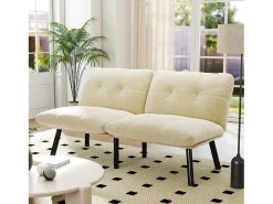 Sofá convertível de 2 lugares em creme, veludo e metal, com pés pretos.