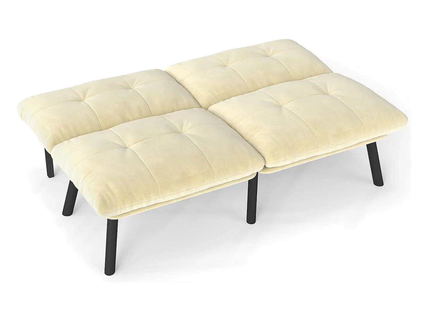 Sofá convertível de 2 lugares em creme, veludo e metal, com pés pretos.