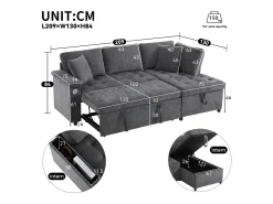 Sofá convertível de 3 lugares com espaço de arrumação, porta USB e 2 almofadas - Tecido chenille cinzento