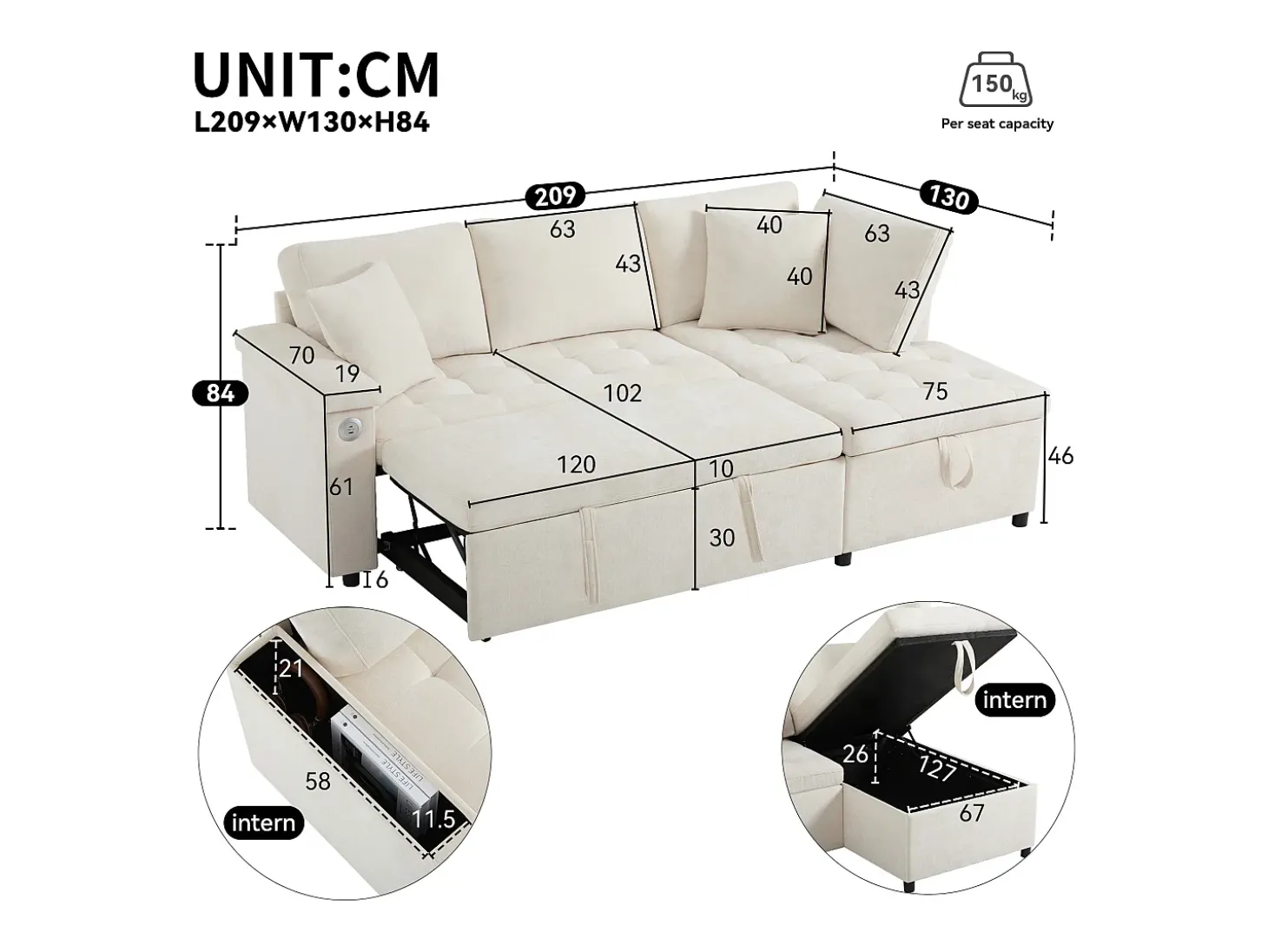 Sofá convertível de 3 lugares com espaço de arrumação, porta USB e 2 almofadas - Tecido chenille bege
