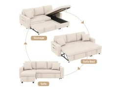 Sofá convertível em L de 3 lugares com função de cama - Chaise longue com espaço de arrumação - Linho bege