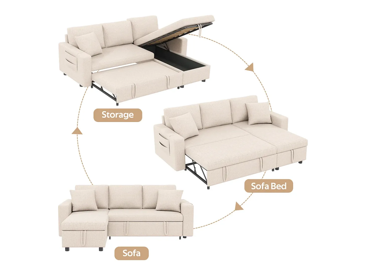Sofá convertível em L de 3 lugares com função de cama - Chaise longue com espaço de arrumação - Linho bege