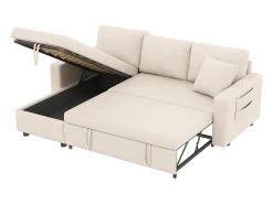 Sofá convertível em L de 3 lugares com função de cama - Chaise longue com espaço de arrumação - Linho bege