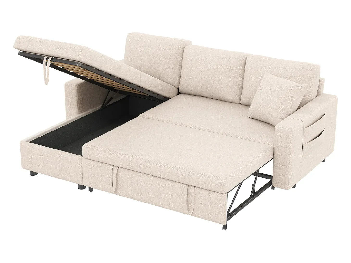 Sofá convertível em L de 3 lugares com função de cama - Chaise longue com espaço de arrumação - Linho bege