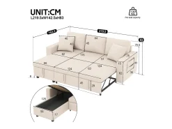 Sofá convertível em L de 3 lugares com função de cama - Chaise longue com espaço de arrumação - Linho bege
