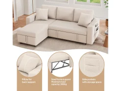 Sofá convertível em L de 3 lugares com função de cama - Chaise longue com espaço de arrumação - Linho bege