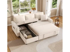 Sofá convertível em L de 3 lugares com função de cama - Chaise longue com espaço de arrumação - Linho bege