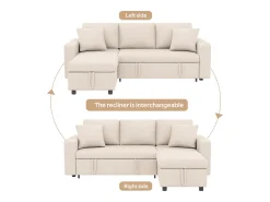Sofá convertível em L de 3 lugares com função de cama - Chaise longue com espaço de arrumação - Linho bege