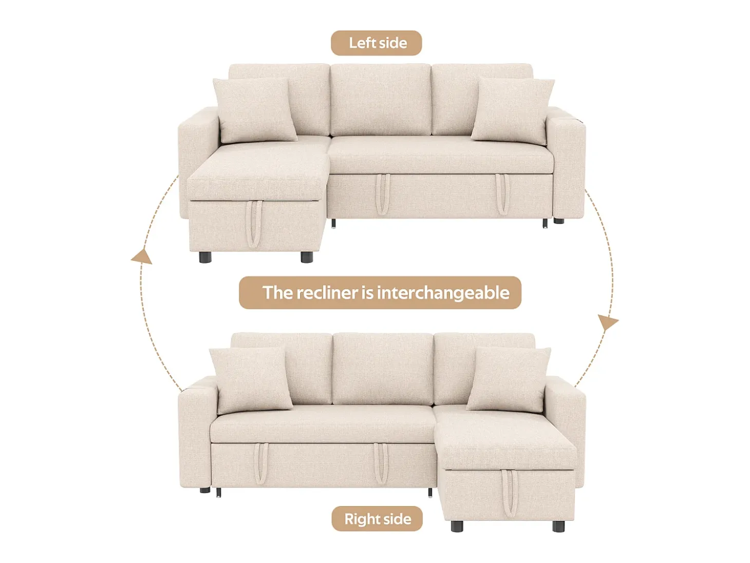 Sofá convertível em L de 3 lugares com função de cama - Chaise longue com espaço de arrumação - Linho bege
