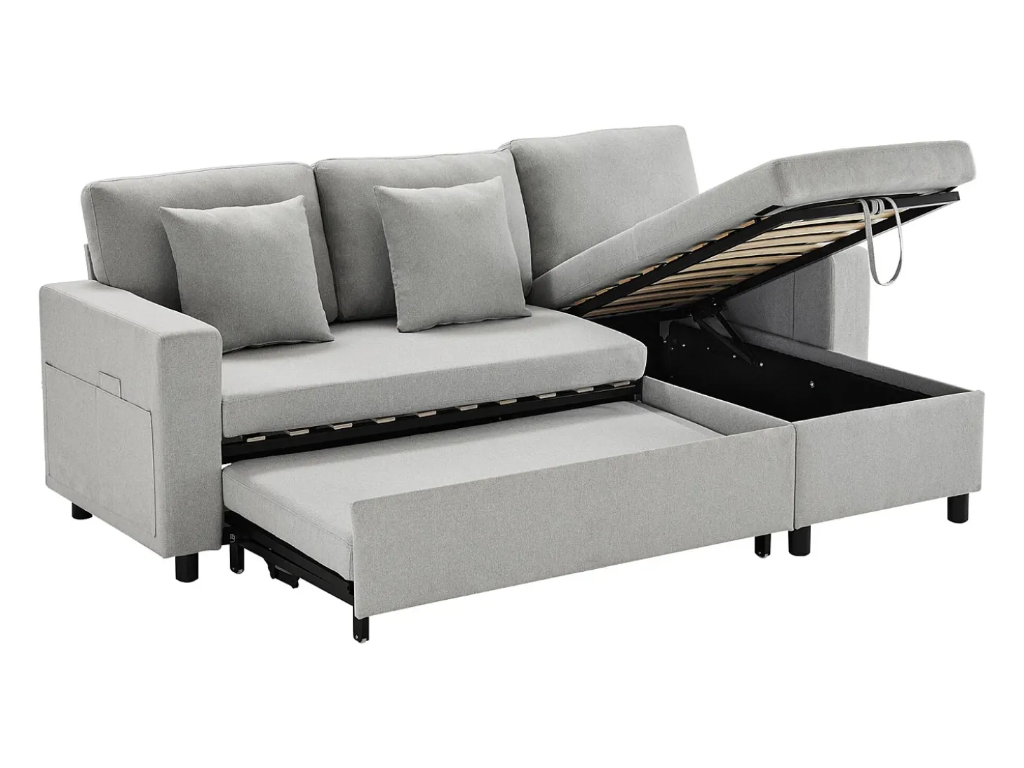 Sofá convertível em L de 3 lugares com função de cama - Chaise longue com espaço de arrumação - Linho cinzento