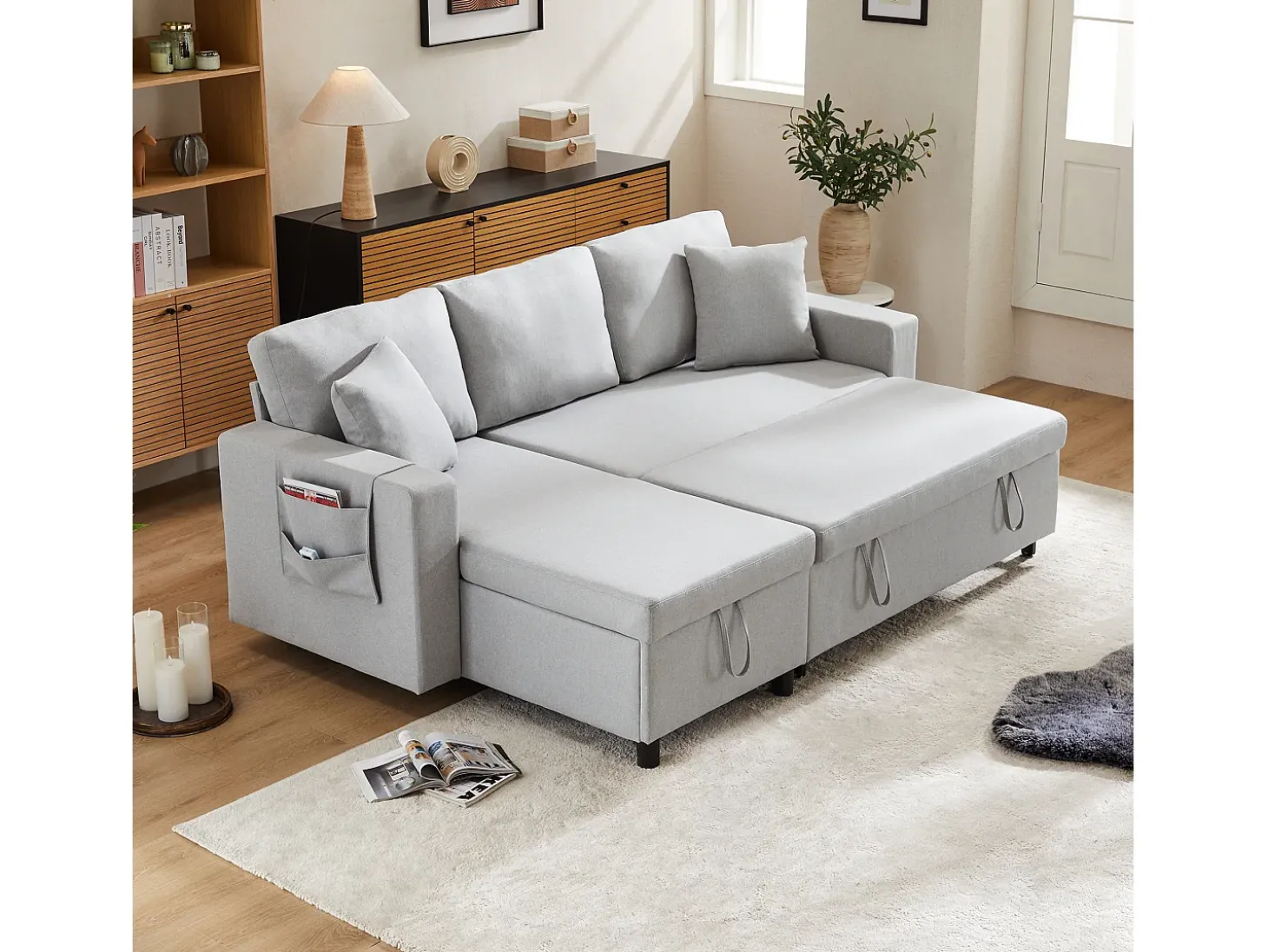 Sofá convertível em L de 3 lugares com função de cama - Chaise longue com espaço de arrumação - Linho cinzento