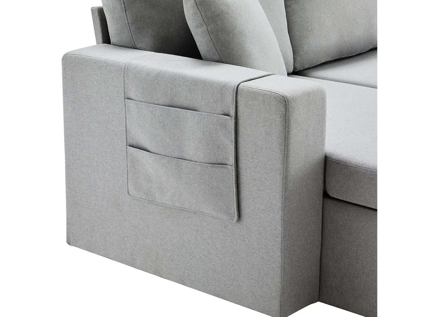 Sofá convertível em L de 3 lugares com função de cama - Chaise longue com espaço de arrumação - Linho cinzento
