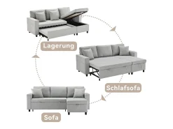 Sofá convertível em L de 3 lugares com função de cama - Chaise longue com espaço de arrumação - Linho cinzento
