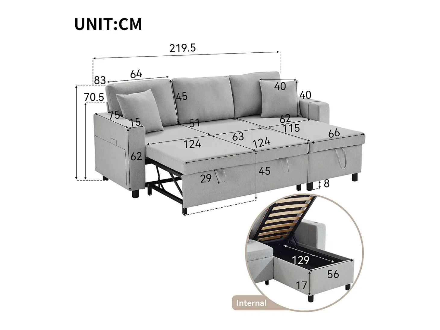 Sofá convertível em L de 3 lugares com função de cama - Chaise longue com espaço de arrumação - Linho cinzento