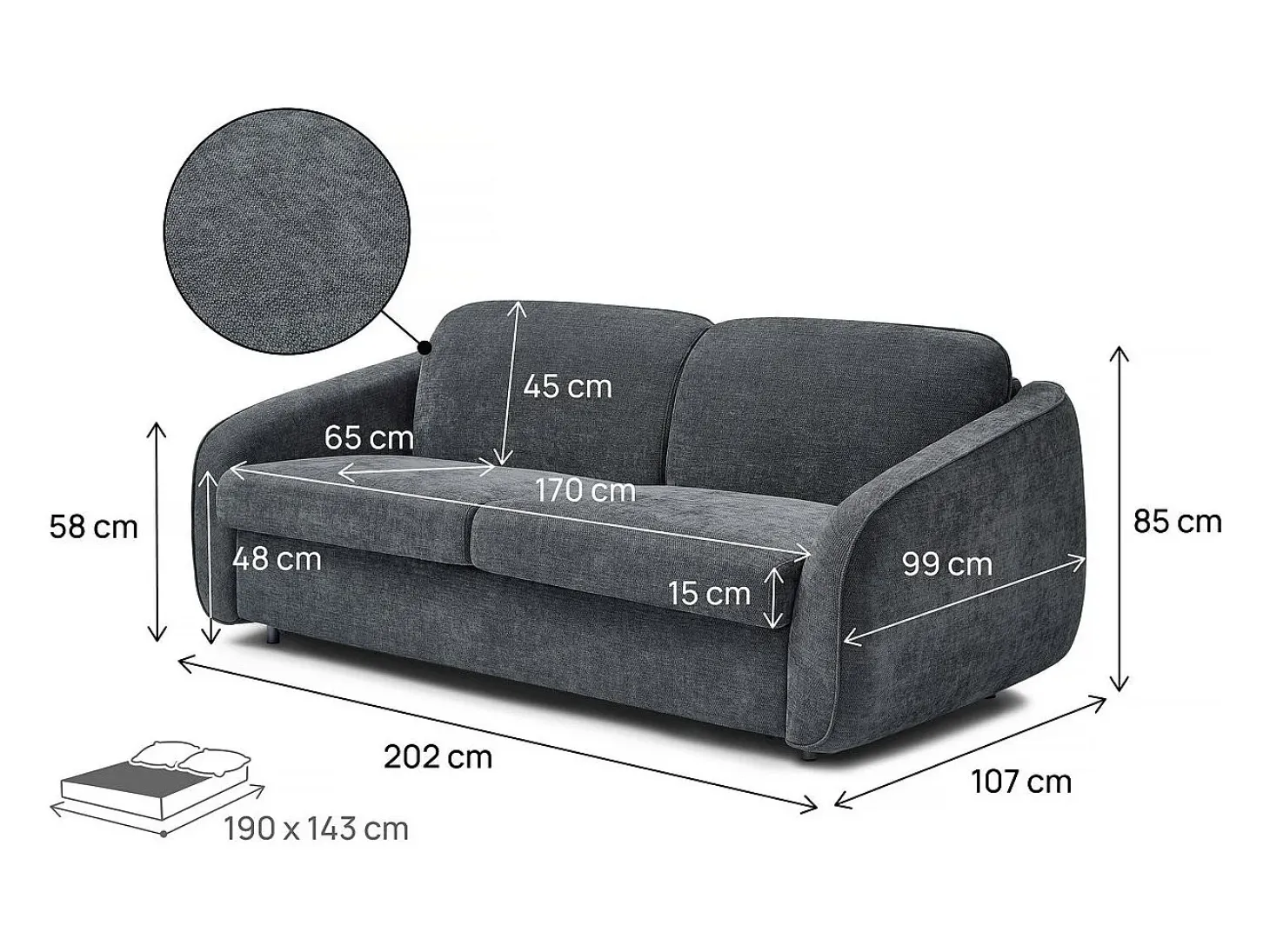 Sofá convertível "Laurie" Express em tecido texturado - cama de 140 cm - 3 lugares - Cinza