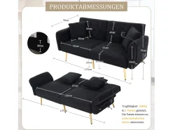 Sofá convertível preto de 2 lugares com 2 portas USB, suporte para telemóvel e bolsos laterais 173x78x78cm