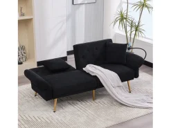 Sofá convertível preto de 2 lugares com 2 portas USB, suporte para telemóvel e bolsos laterais 173x78x78cm