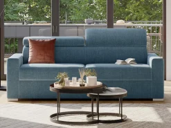 Sofá convertível tecido azul assento memória de forma 140 colchão memória de forma 18cm VIZIR