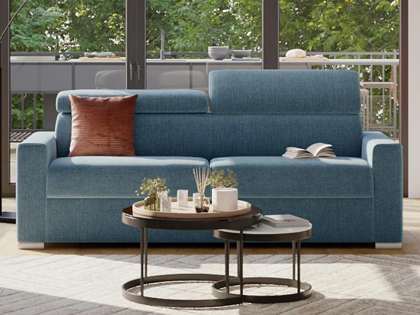 Sofá convertível tecido azul assento memória de forma 140 colchão memória de forma 18cm VIZIR