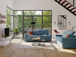 Sofá convertível tecido azul assento memória de forma 140 cm ripas largas 18 cm VIZIR