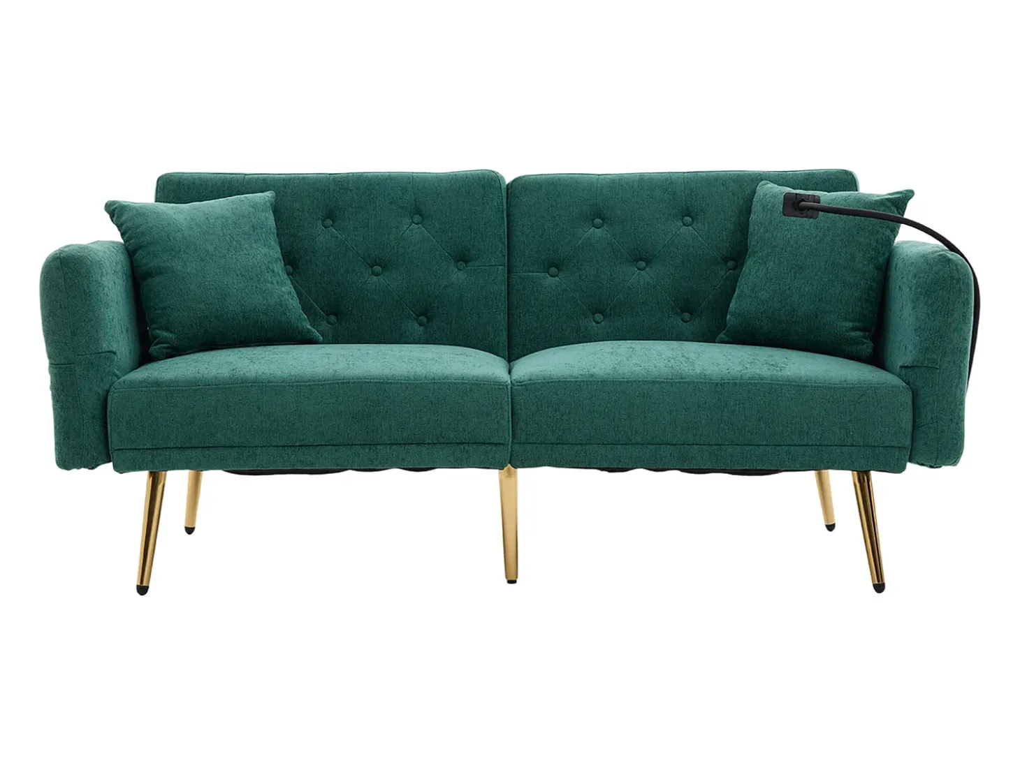 Sofá convertível verde esmeralda de 2 lugares com 2 portas USB, suporte para telemóvel e bolsos laterais 173x78x78cm