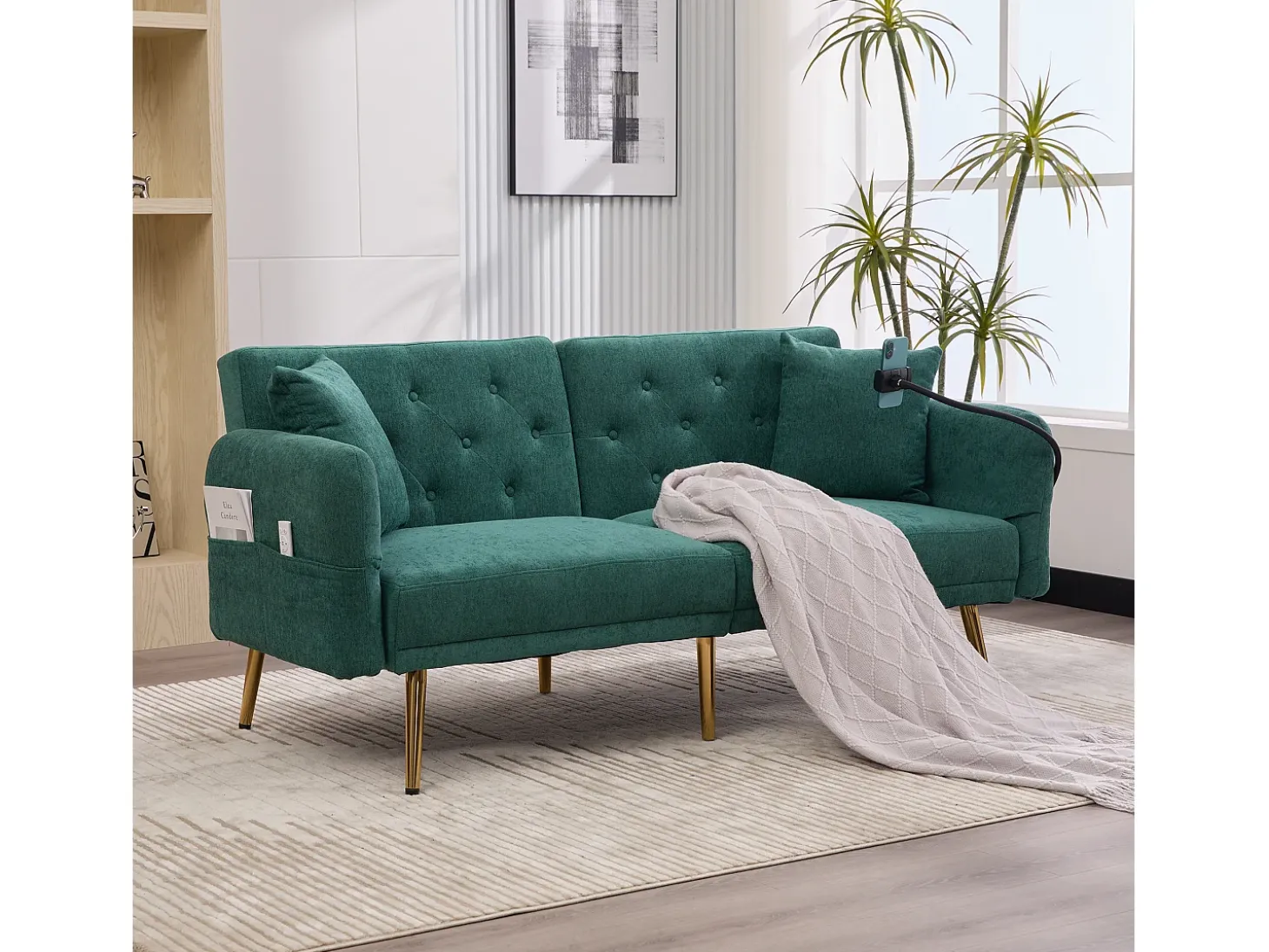 Sofá convertível verde esmeralda de 2 lugares com 2 portas USB, suporte para telemóvel e bolsos laterais 173x78x78cm