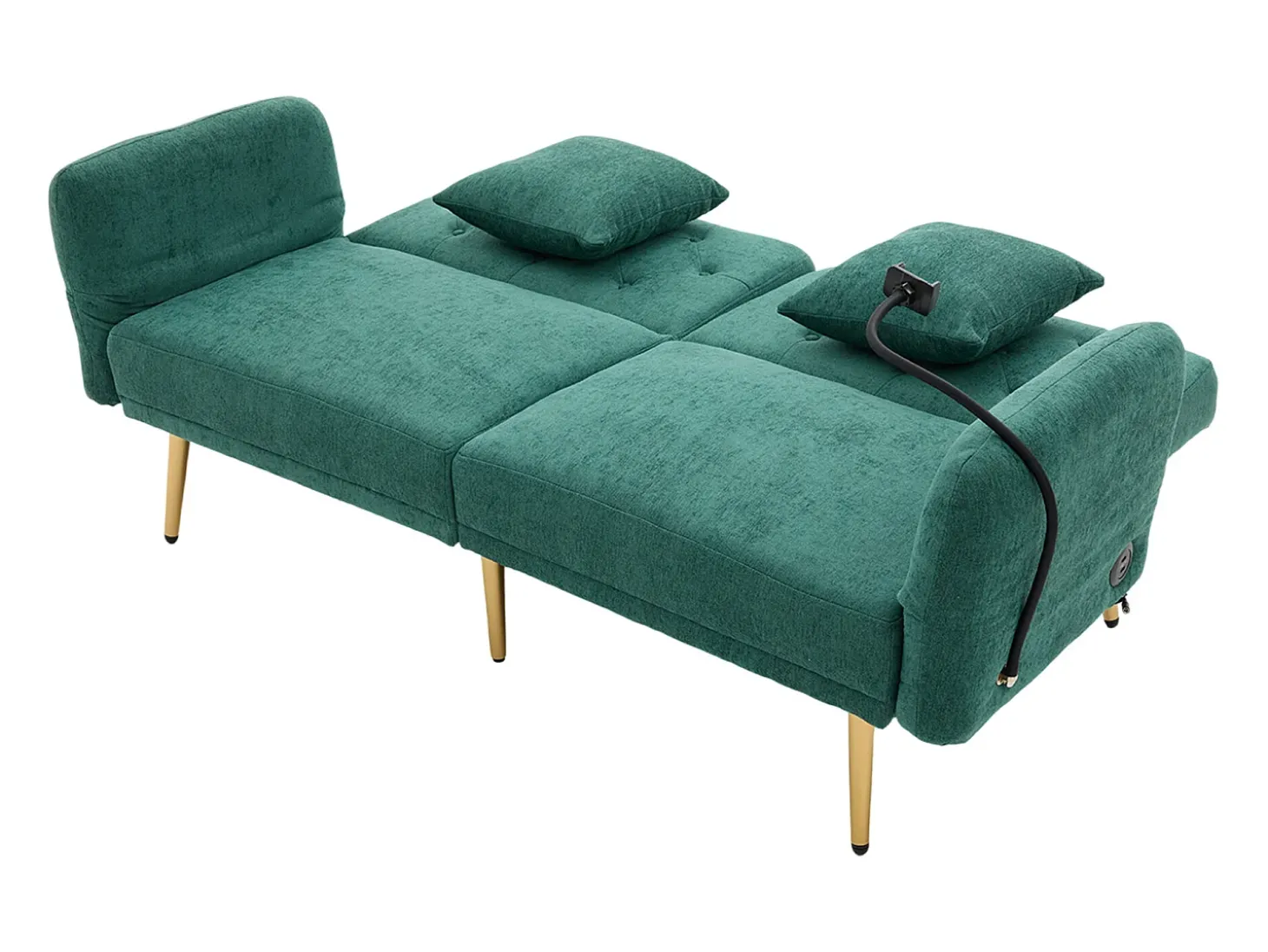 Sofá convertível verde esmeralda de 2 lugares com 2 portas USB, suporte para telemóvel e bolsos laterais 173x78x78cm