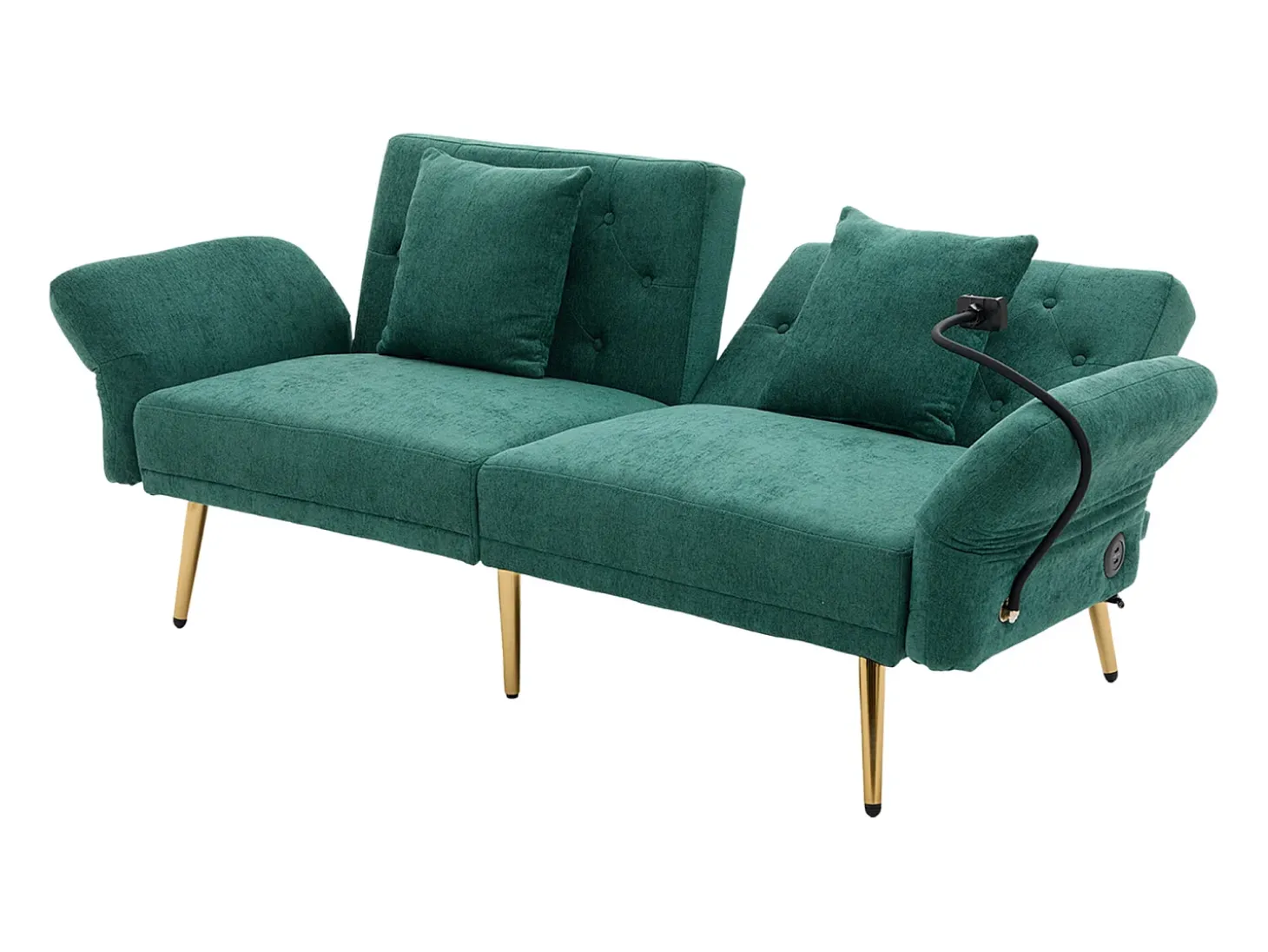 Sofá convertível verde esmeralda de 2 lugares com 2 portas USB, suporte para telemóvel e bolsos laterais 173x78x78cm