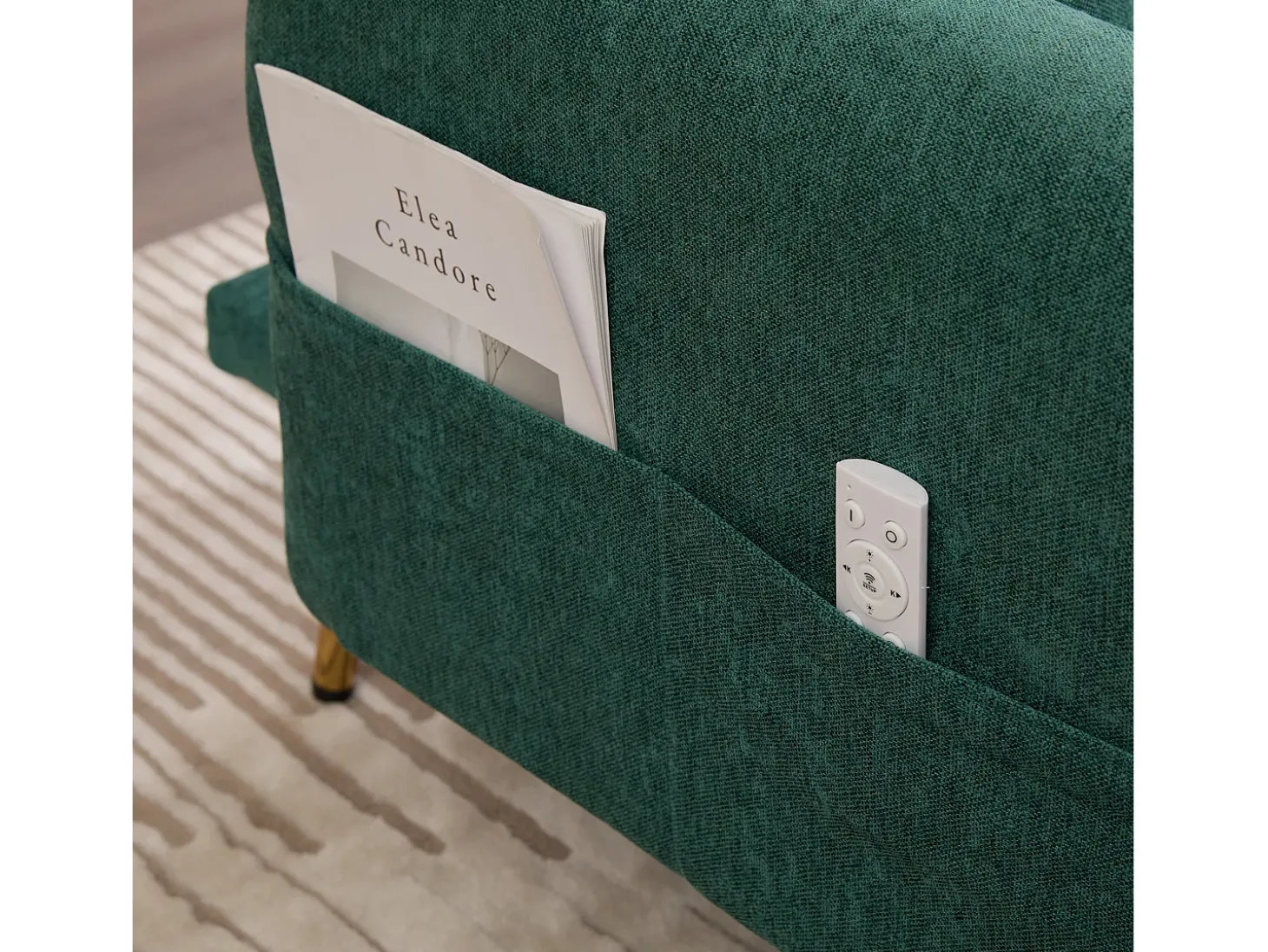 Sofá convertível verde esmeralda de 2 lugares com 2 portas USB, suporte para telemóvel e bolsos laterais 173x78x78cm